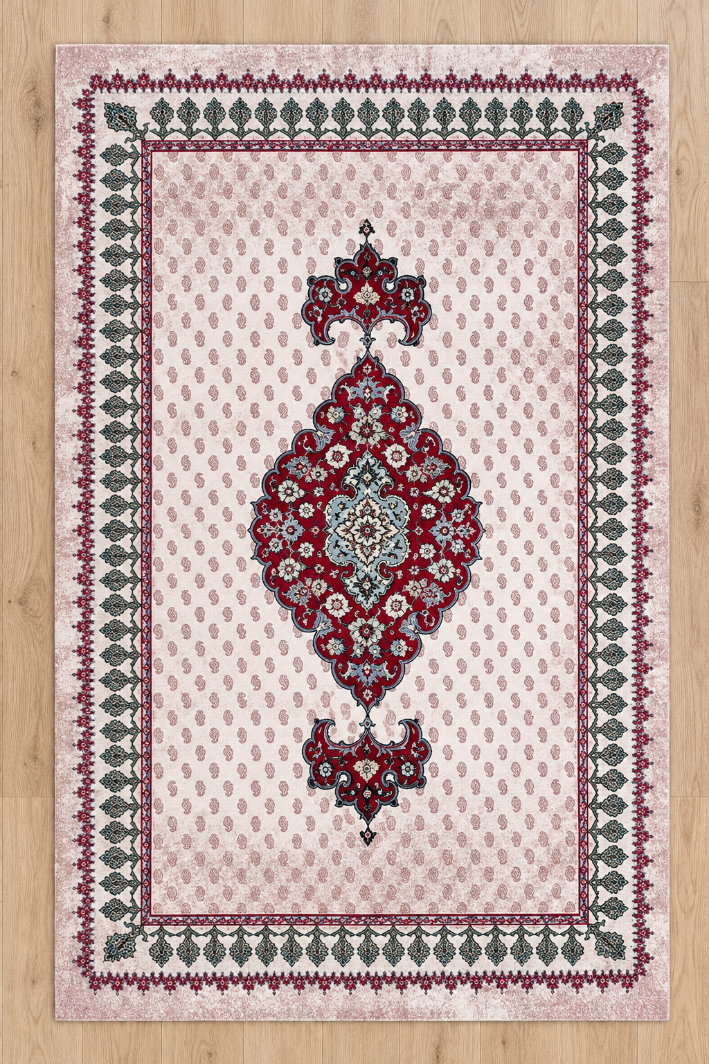 Rubina – SuperSoft Velvet Rug, Ivory, Red & Green Classic Design (SV-113)