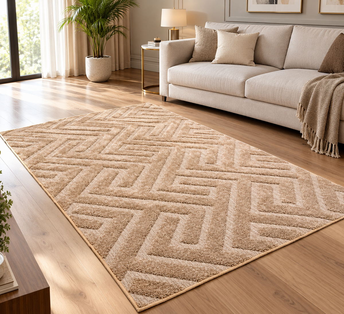 Plush Shaggy Matrix Pattern Rug – Beige