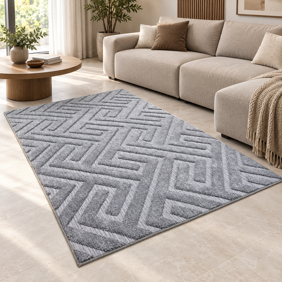 Plush Shaggy Rug, Grey Matrix Pattern