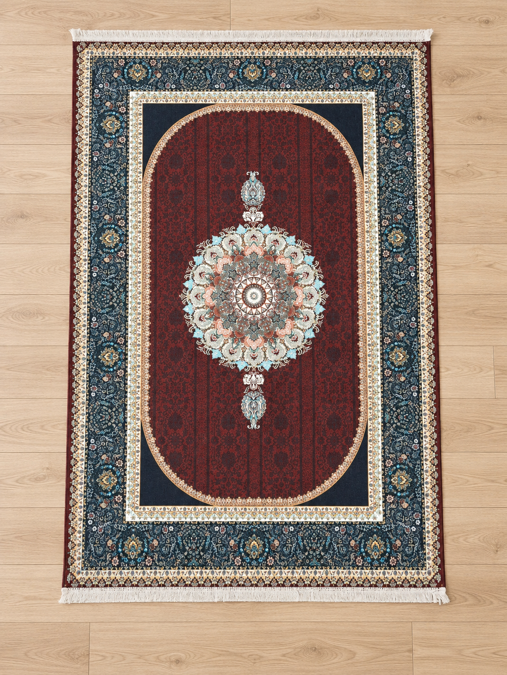Anari Mehrab – Luxury Velvet Rug, Maroon & Navy Traditional Design (LVT-403)