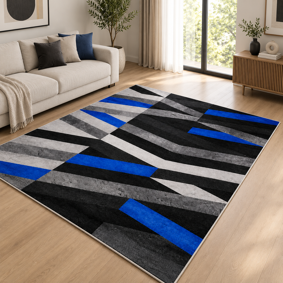 Cobalt – Modern Rug, Black & Blue Geometric Design (MD-208)