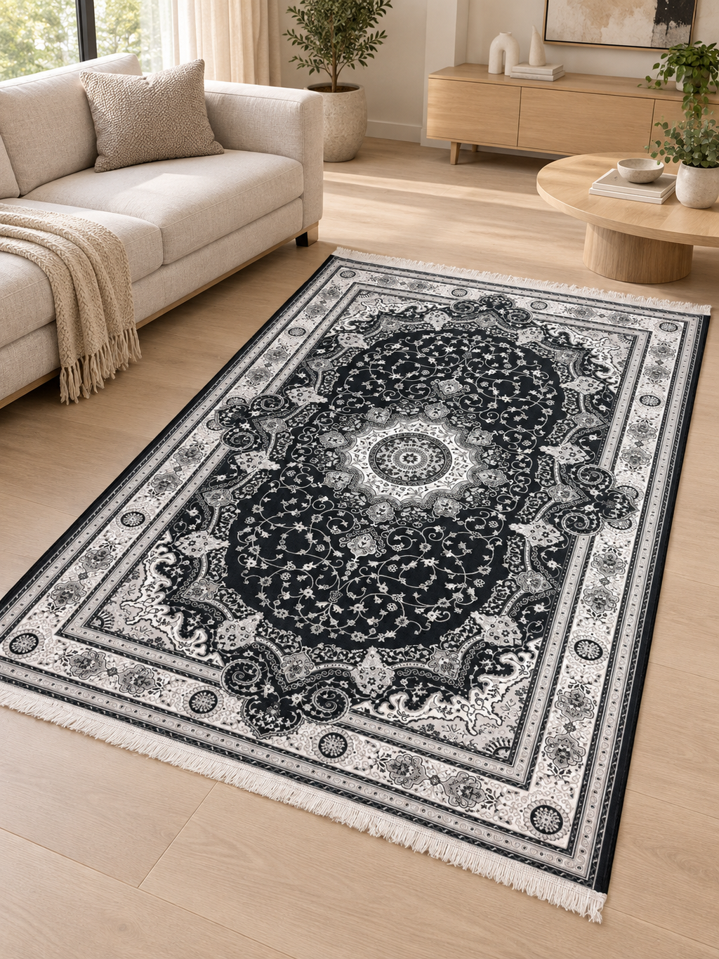 Eclipse – Luxury Velvet Rug, Black & Ivory Traditional Design (LVC-509)