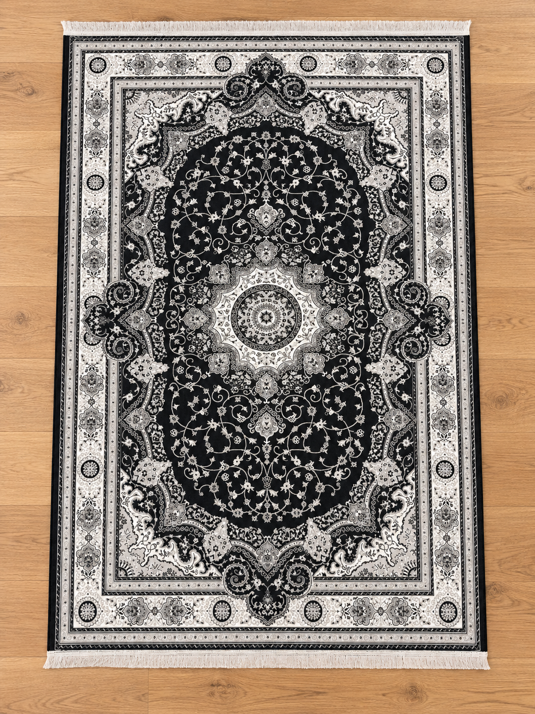 Eclipse – Luxury Velvet Rug, Black & Ivory Traditional Design (LVC-509)