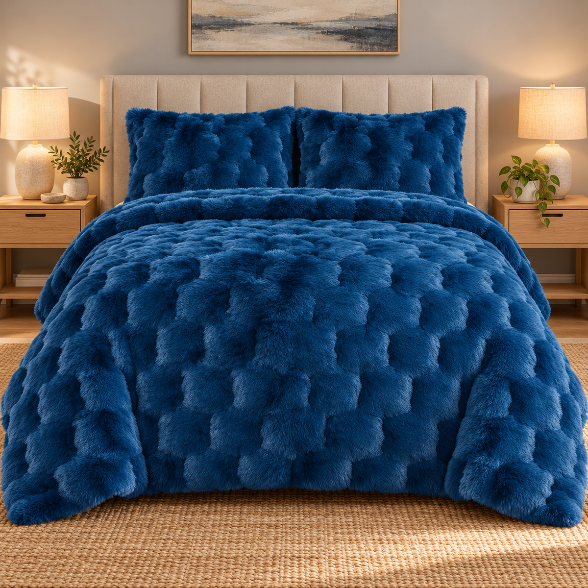 Royal Blue Honeycomb Premium Shaggy Comforter Set (4 Pcs)
