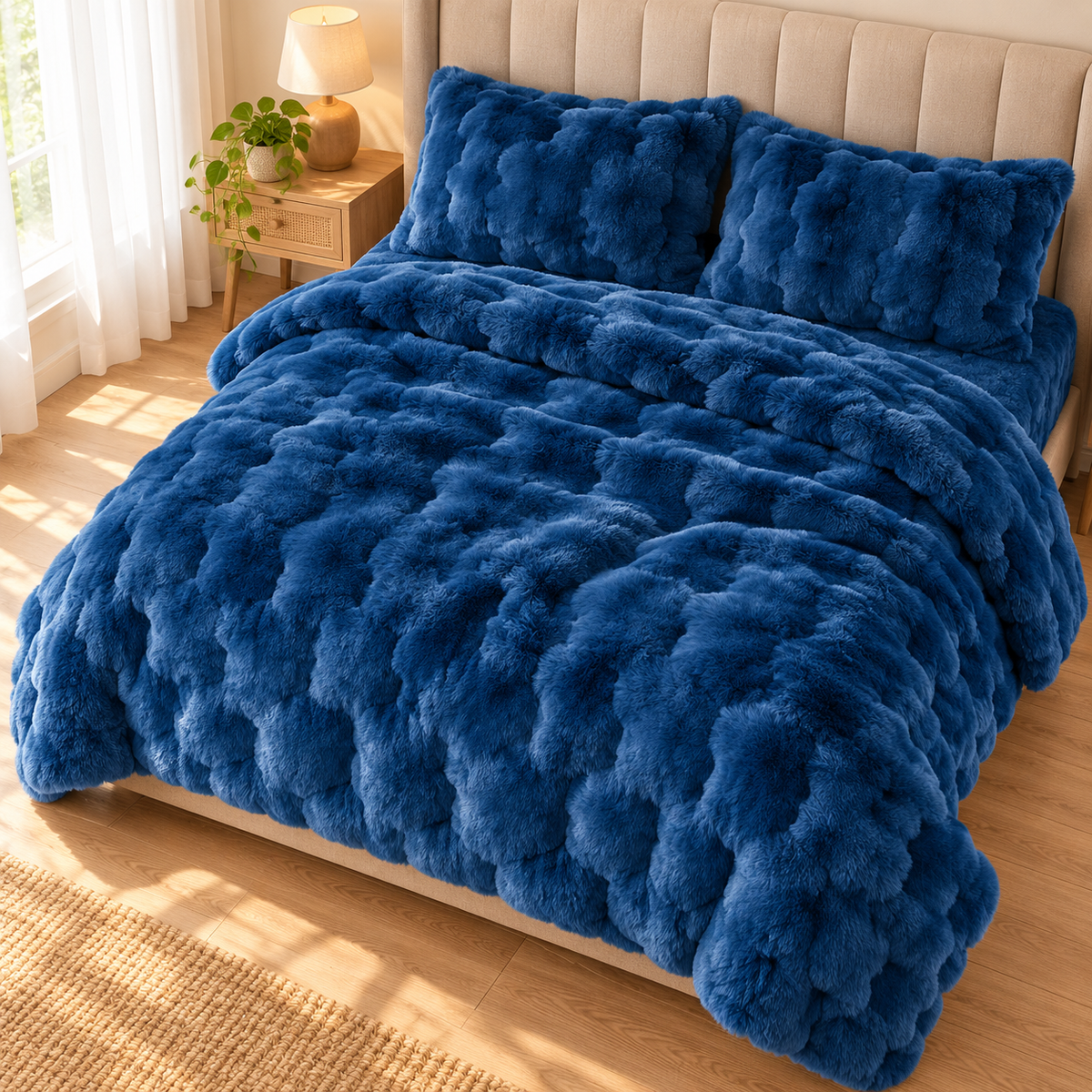 Royal Blue Honeycomb Premium Shaggy Comforter Set (4 Pcs)