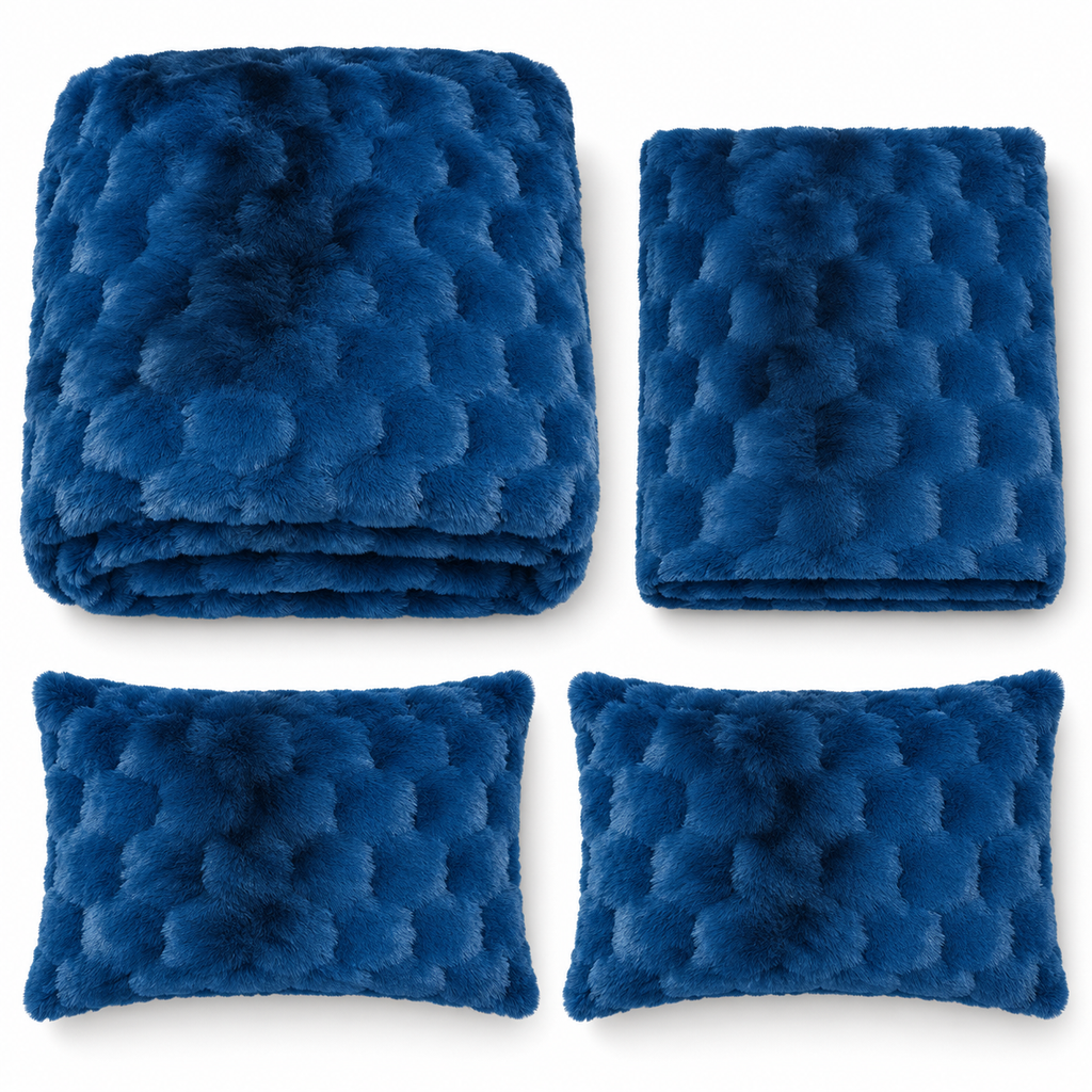 Royal Blue Honeycomb Premium Shaggy Comforter Set (4 Pcs)