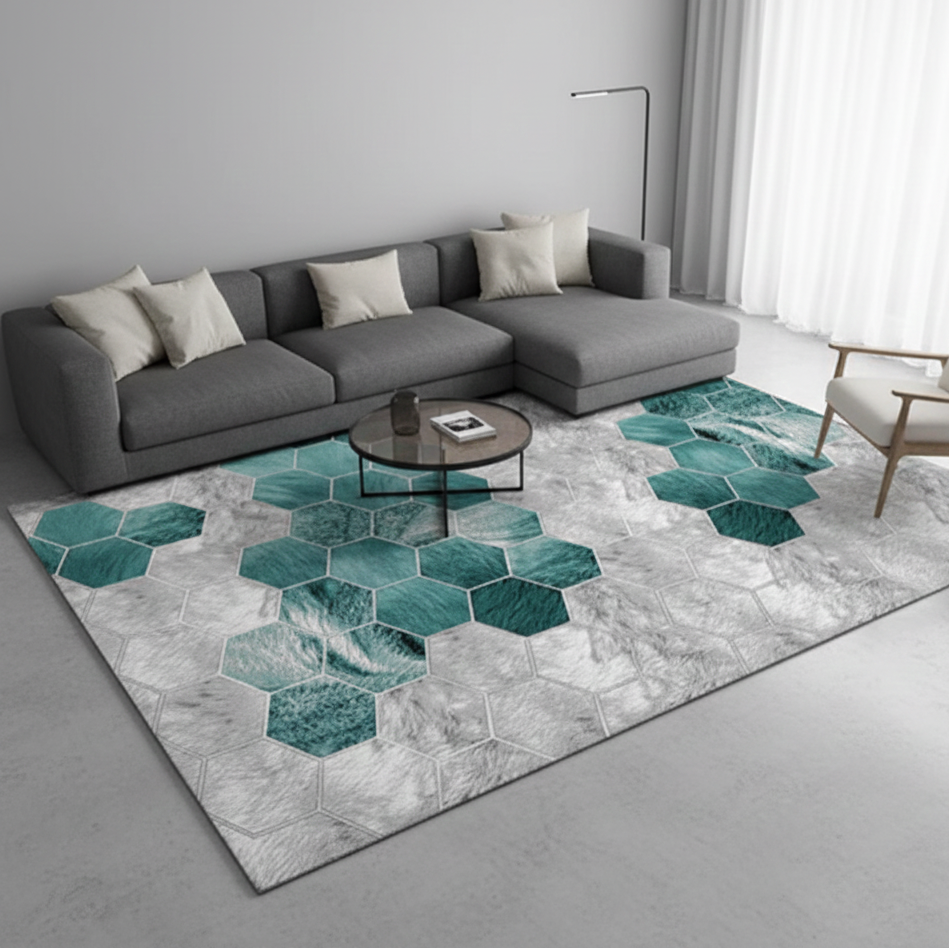 Modern living room with a gray sectional sofa and geometric patterned rug.