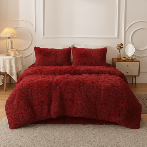 4-Piece Shaggy Comforter Set - Maroon