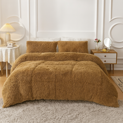 4-Piece Shaggy Comforter Set - Camel