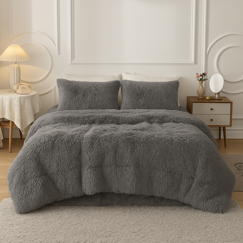4-Piece Shaggy Comforter Set - Gray
