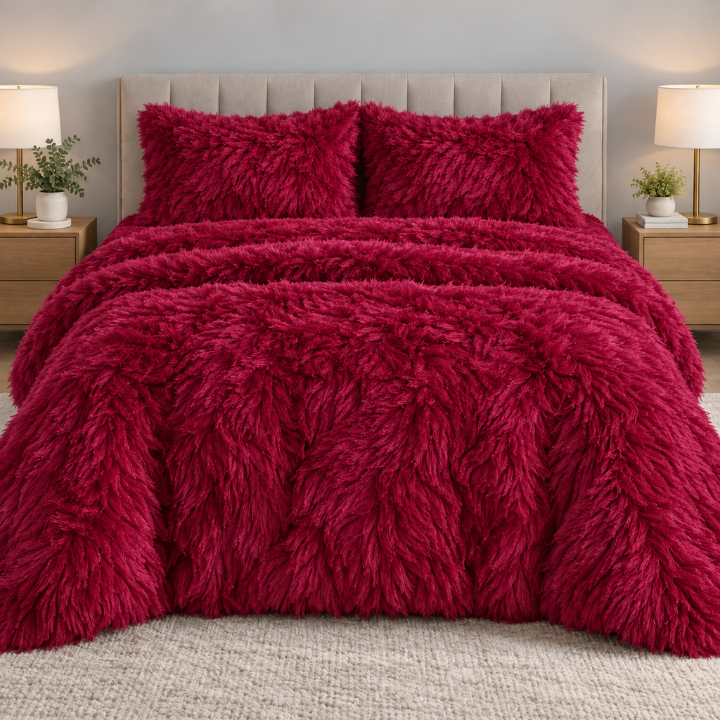 Wine Red Premium Shaggy Comforter Set (4 Pcs)