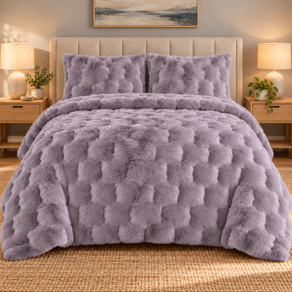 Lilac Honeycomb Premium Shaggy Comforter Set (4 Pcs)