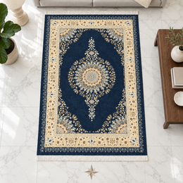 Nilam Mahal – Luxury Velvet Rug, Navy & Cream Traditional Design (LVT-404)