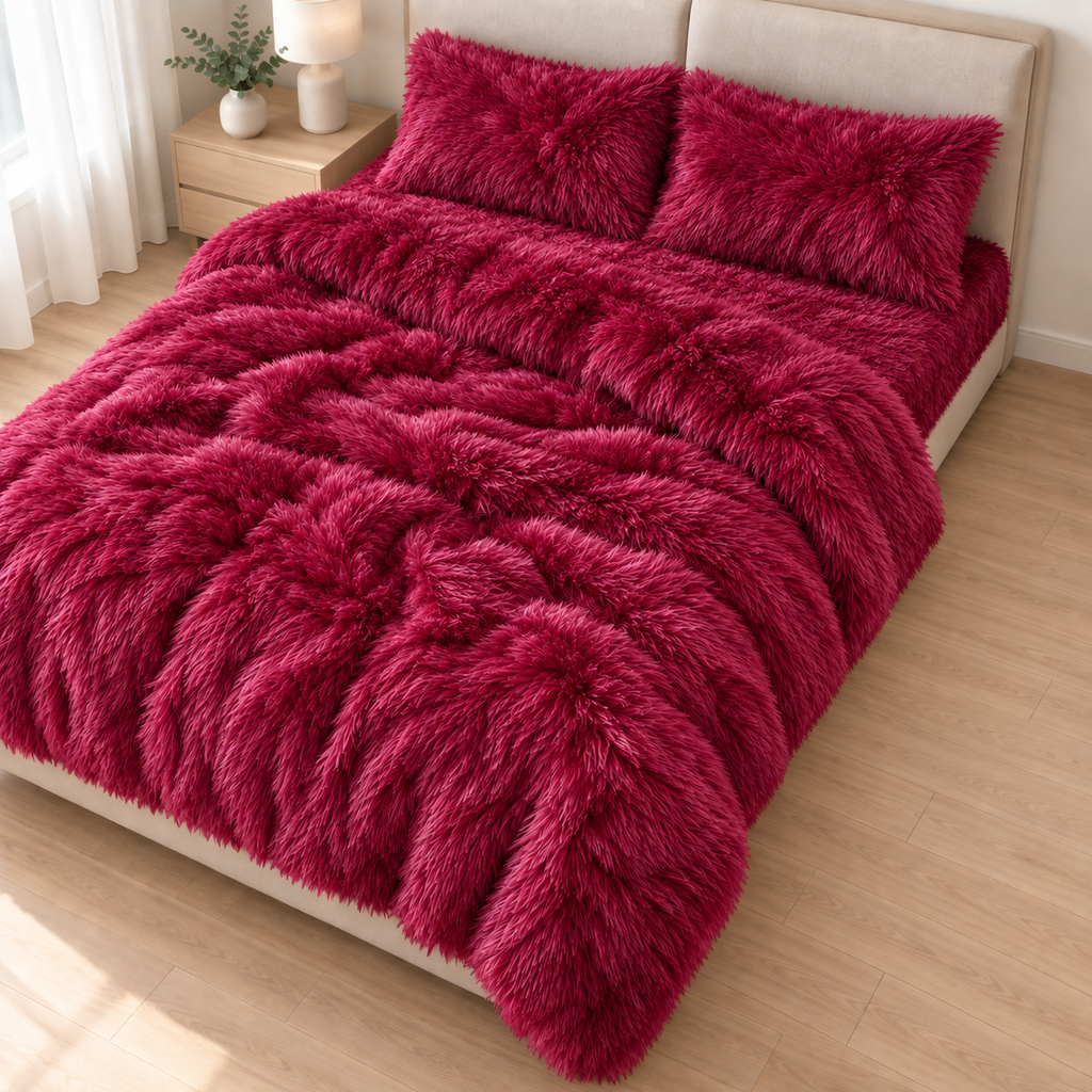 Wine Red Premium Shaggy Comforter Set (4 Pcs)