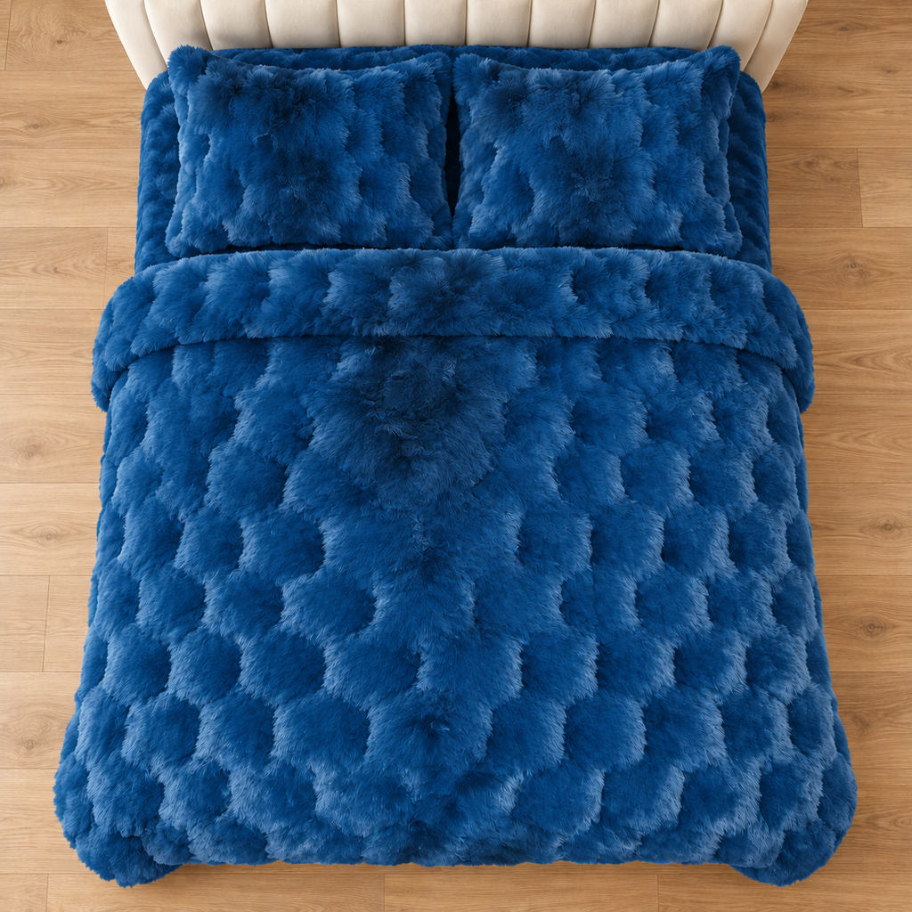 Royal Blue Honeycomb Premium Shaggy Comforter Set (4 Pcs)