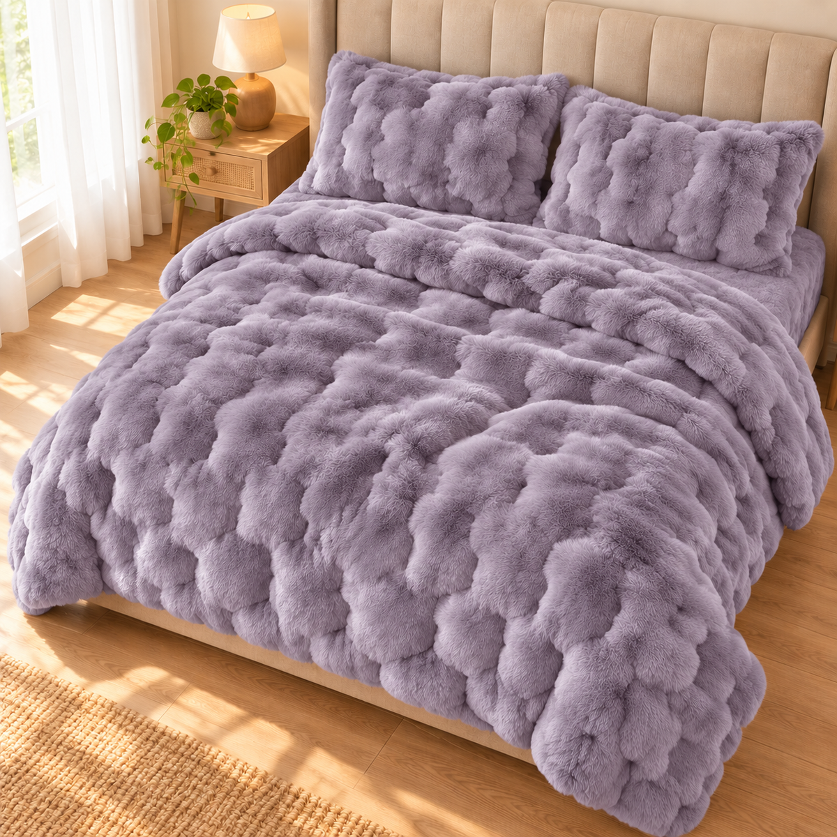 Lilac Honeycomb Premium Shaggy Comforter Set (4 Pcs)