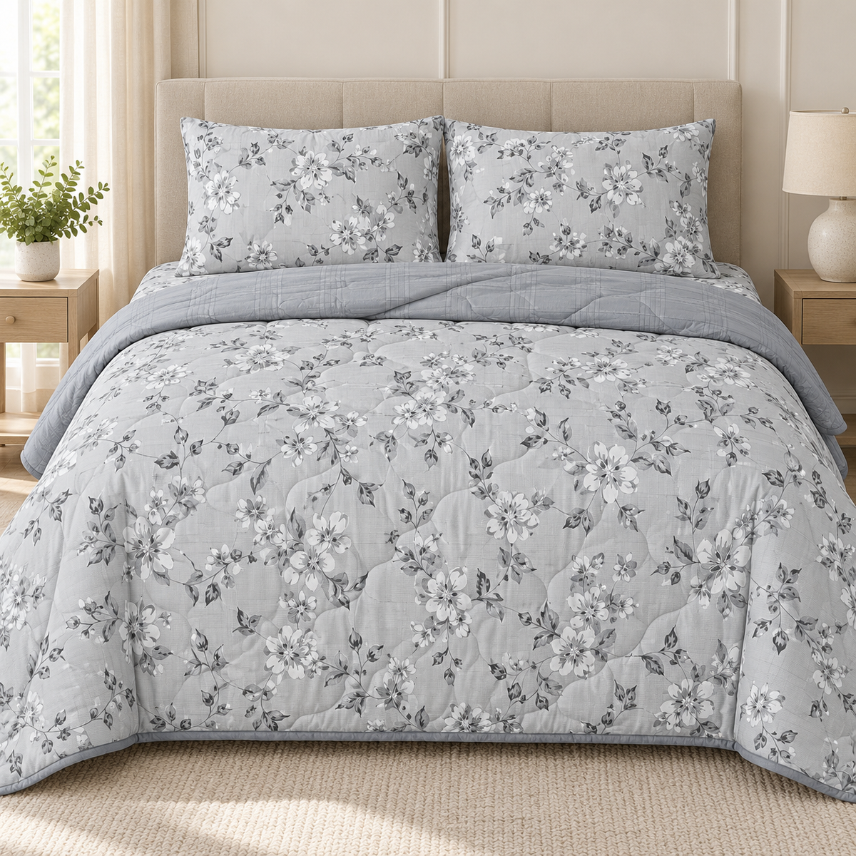 Silver Blossom 4-Piece Reversible Comforter Set