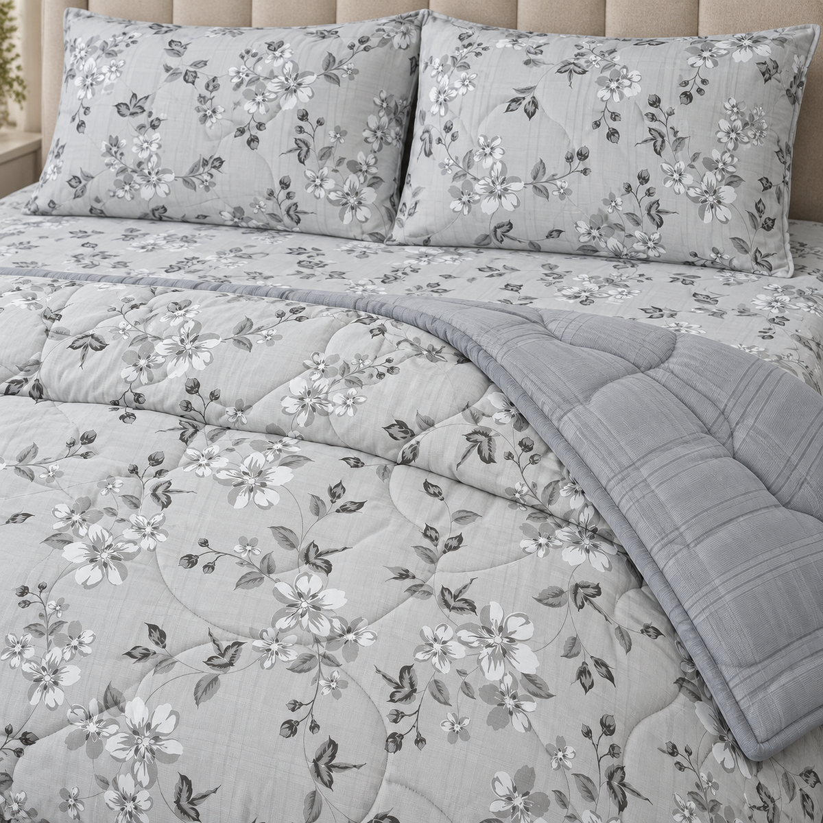 Silver Blossom 4-Piece Reversible Comforter Set